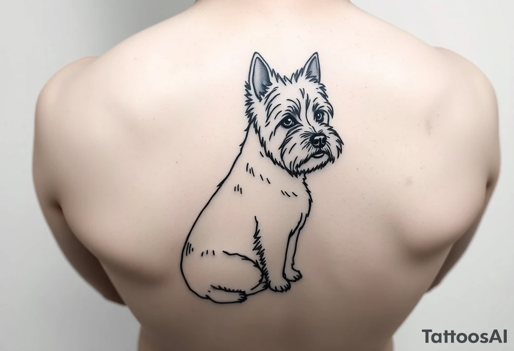 Foto de mi perro westie que se sienta con la pata trasera estirada. Mirando hacia el frente, inclinado hacia arriba, hacia un faro clásico tattoo idea