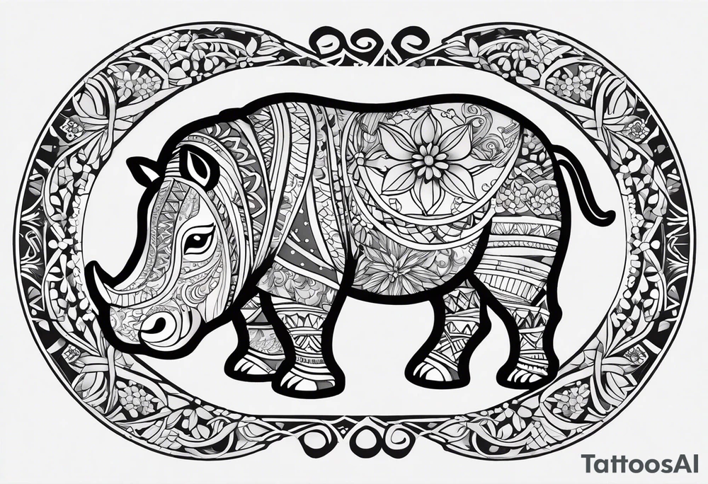 A foot long 2.5inches wide portrait orientation tattoo, containing a detailed hippo headwith tribal patterns in the middle, a full moon on the upper side, and some wintersweet flowwer on the bottom side, these three components are connected with arches, lines, little geometric patterns, the lines will ne fine and narrow tattoo idea
