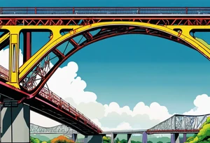 70's poster art, pop art, simple, view from under steel truss cantilever bridge tattoo idea