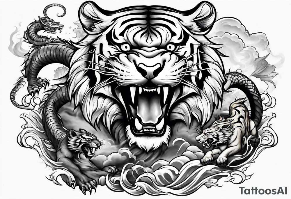Tiger fighting a water dragon and lion tattoo idea