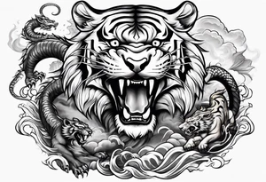 Tiger fighting a water dragon and lion tattoo idea