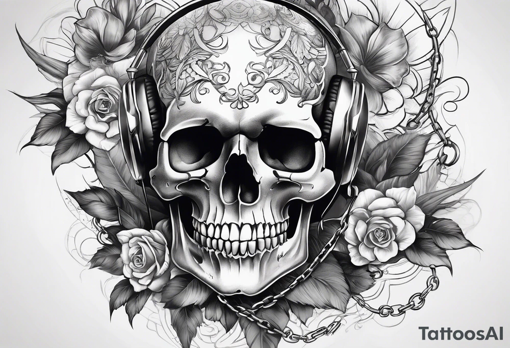 Draw me a skull with smoke out of his mouth add some flowers underneath with some ornamentals and Chains under it tattoo idea