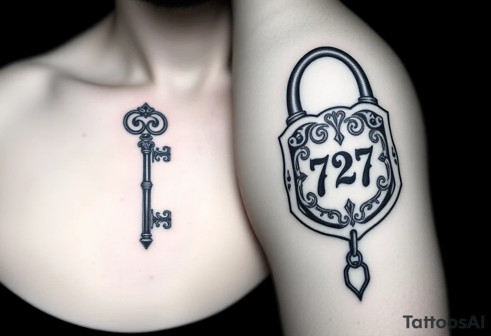 Matching/ connecting tattoos:
Your Tattoo (Key): A skeleton key with an ornate, gothic-style handle. To include your date, the numbers "0727" could be subtly incorporated into the key's teeth. The key design could also feature a small, hidden "J".
His Tattoo (Lock): A heavy, antique-style padlock with intricate etchings. The date "0727" could be carved into the lock's face, with a hidden "T" worked into the metal detail or shadow. A chain could dangle from the lock.
Connecting Element: The key is designed to perfectly fit the lock, symbolizing that you are a perfect match. The key can be placed on your arm, and the lock on his, so that when you link arms, the tattoos come together. tattoo idea