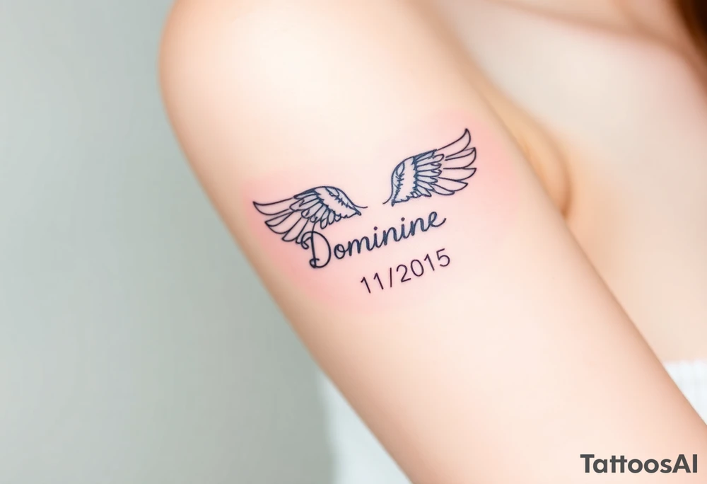 dainty angel wings with name Dominique and date 11/26/2015 tattoo idea