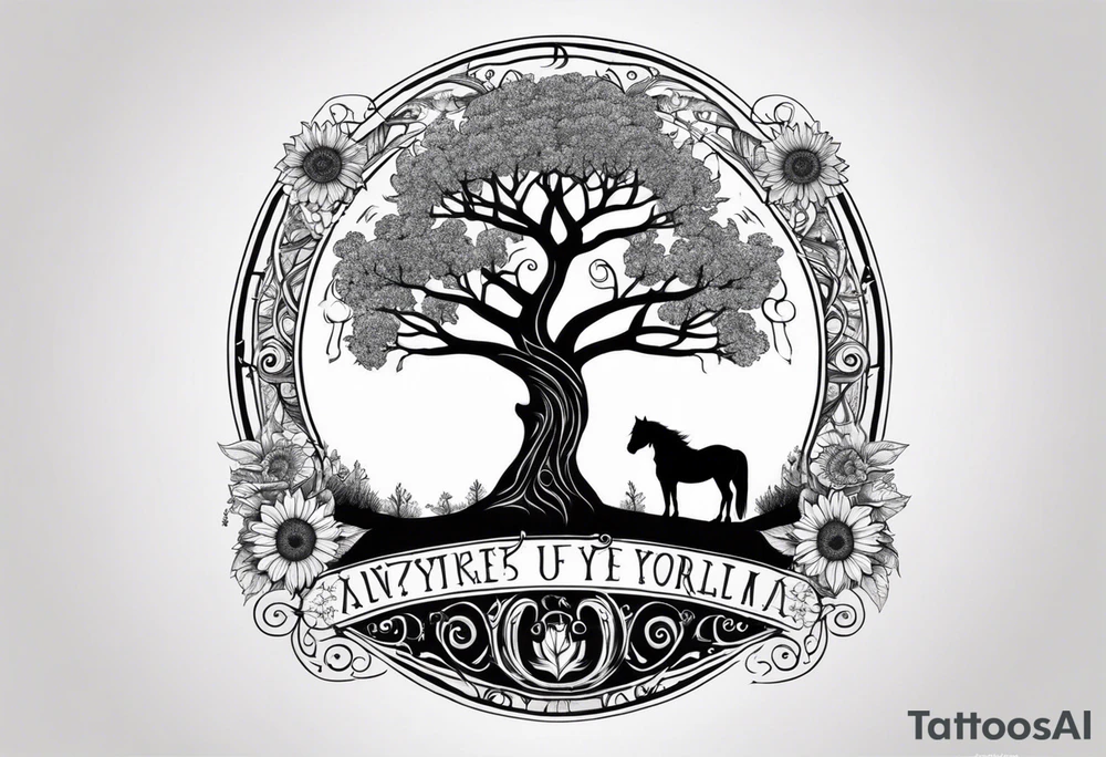Yggdrasil tree, horse in front of it, and sunflowers tattoo idea
