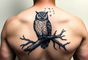 wise owl perched on ancient oak branch under starlit sky tattoo idea