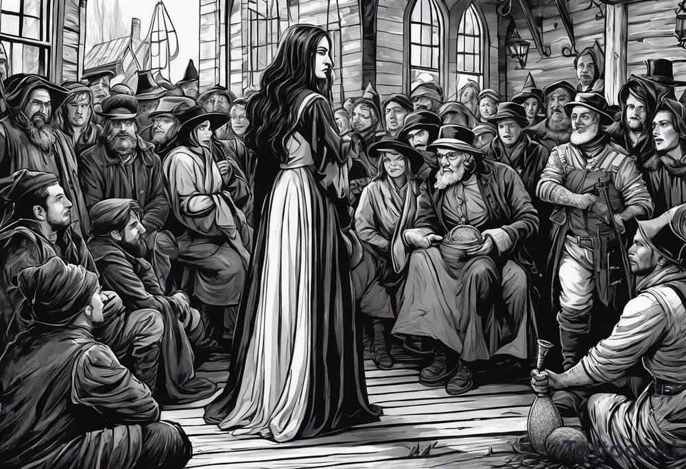 The accusation of a witch in the Salem trials. An otherwise quiet member of the community is accosted by a crowd, perhaps with a member of the clergy and a soldier of some kind present to take them into custody. tattoo idea