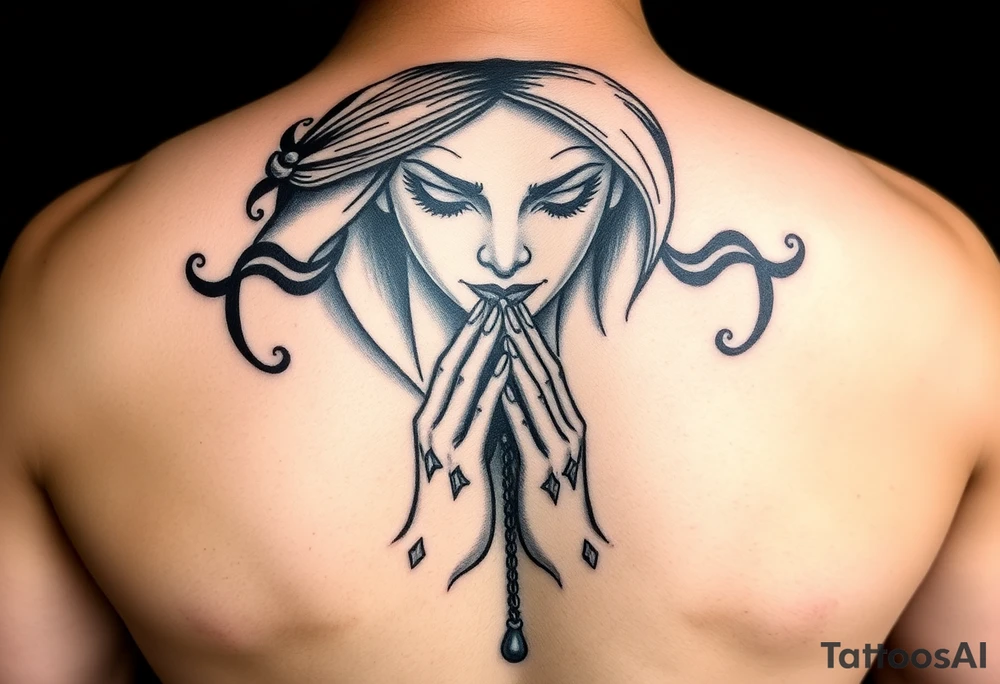 Chicano style woman with praying hands and rosary in hands tattoo idea