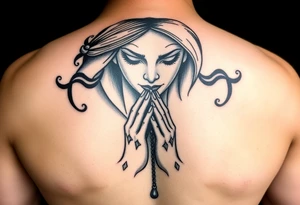 Chicano style woman with praying hands and rosary in hands tattoo idea