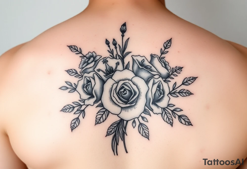 vintage bouquet of wild roses and meadow flowers with morning dew tattoo idea