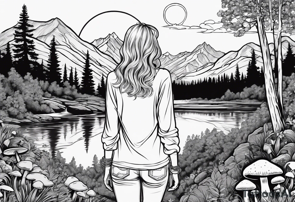 Whole picture encircled fully

Straight long blonde hair hippie girl in distance holding mushrooms in hand facing away toward mountains and creek surrounded by mushrooms long sleeve shirt and hiking pants; whole rendering within a full circle, no cut off circle tattoo idea