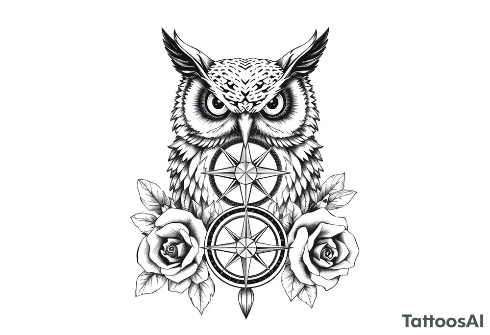 an owl,compass,roses, tattoo idea