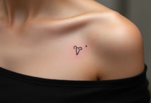 A fine-line Aries tattoo uses minimalist black ink with a pop of red for the zodiac glyph beside the constellation. tattoo idea