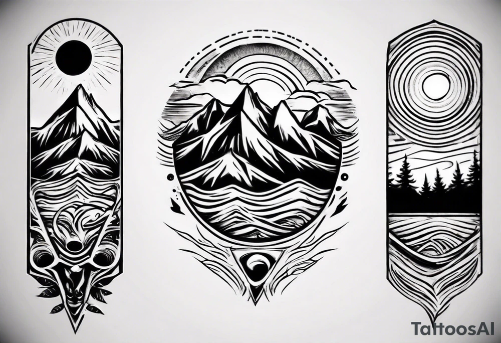 sleeve, mountains, waves, sun, trees tattoo idea