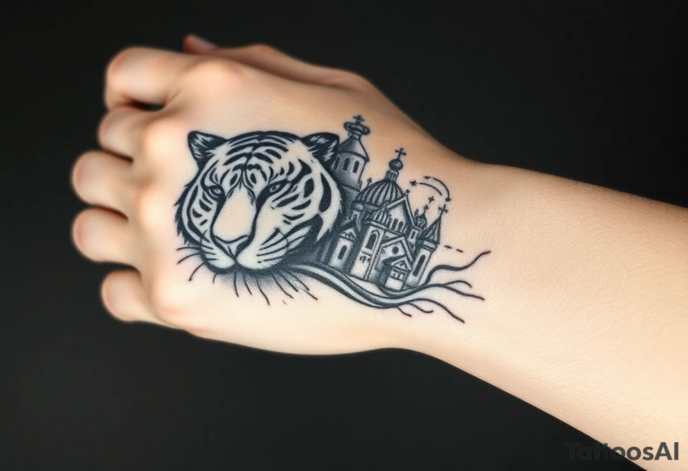 in a dorsal view of the hand and forearm a tiger face on the hand with black hollowed eyes, then above this a orthodox church shrouded with a mist and fading into a virgin mary overlooking tattoo idea