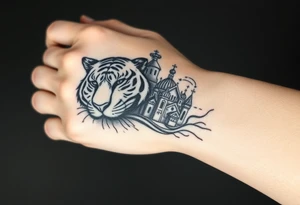 in a dorsal view of the hand and forearm a tiger face on the hand with black hollowed eyes, then above this a orthodox church shrouded with a mist and fading into a virgin mary overlooking tattoo idea