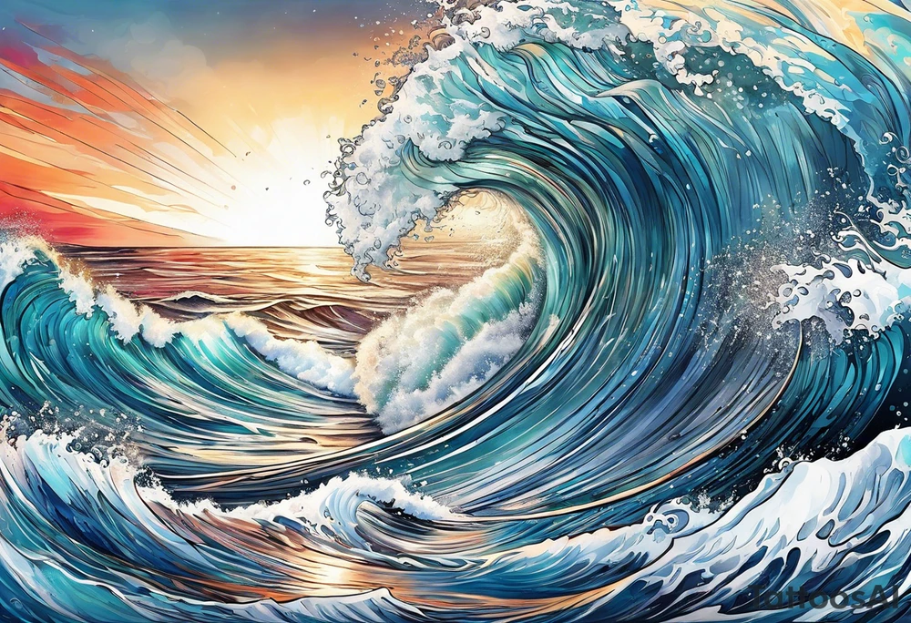 waves;  
"come what may" written underneath; outside forearm not an oval tattoo idea