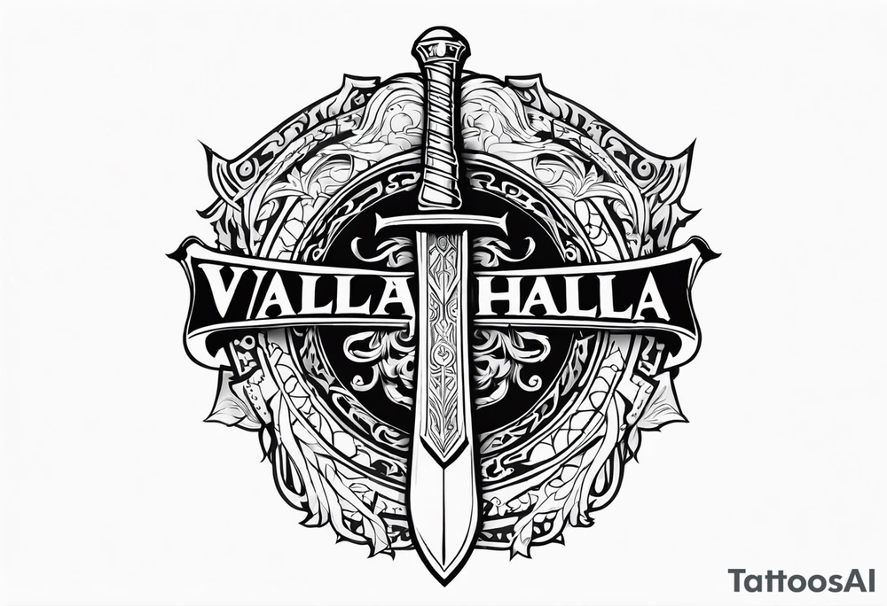 Valhalla round shield fire sword tattoo idea