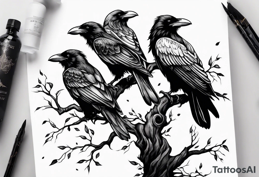 3 ravens perched on the tree of life tattoo idea