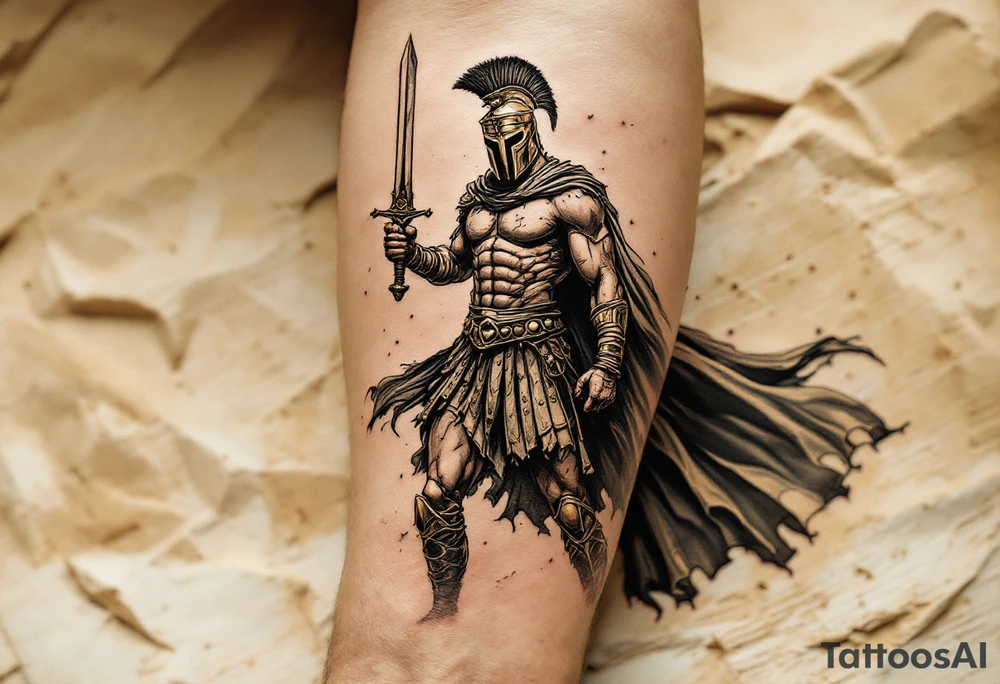 Powerful gladiator roman soldier standing full body provocative surrounded in interior colosseum combat sword helmet cape sand wind tattoo idea