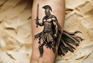 Powerful gladiator roman soldier standing full body provocative surrounded in interior colosseum combat sword helmet cape sand wind tattoo idea