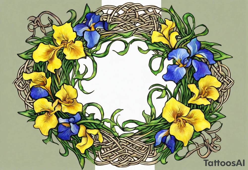 Create a small, thick colorful Vincent van Gogh Irises tattoo, with vines in Celtic knots gracefully intertwining at a central point in the middle of the wreath.  The intended placement is on the upper chest. The overall design should be small in size while maintaining a delicate and artistic aesthetic. Pay attention to the graceful flow of the vines and the placement of the irises to achieve a refined and elegant look. Mountains need to be inside the design tattoo idea