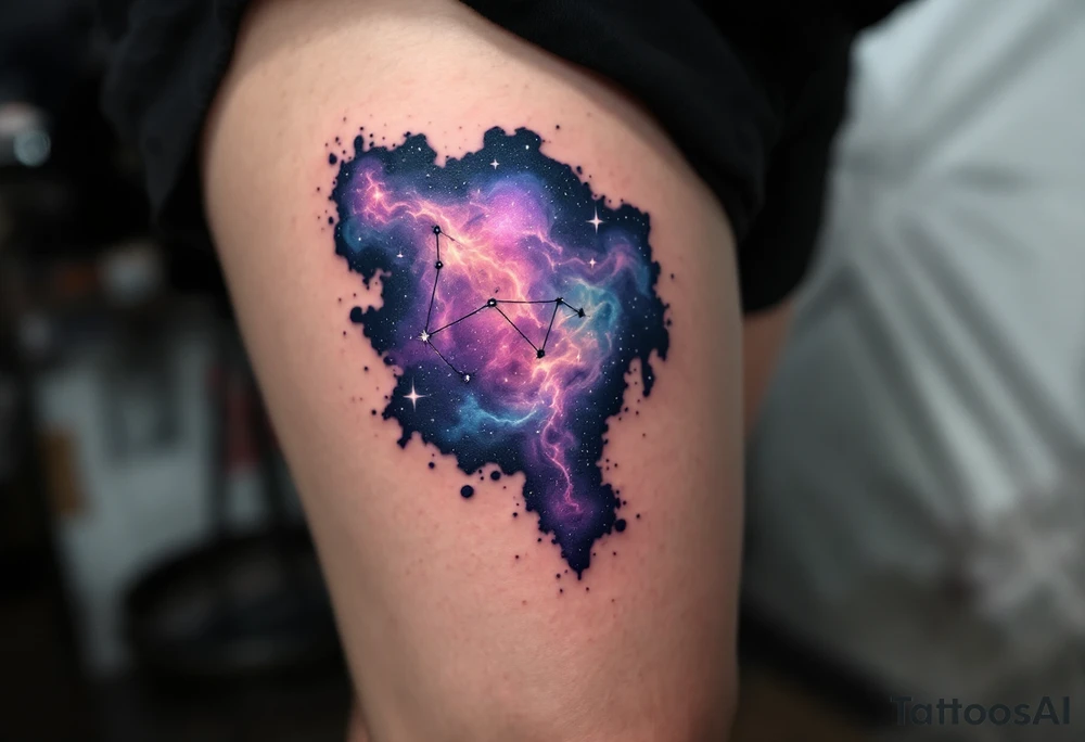 A realistic galaxy-inspired Sagittarius tattoo in swirling purples, blues, and blacks with tiny white stars forming the constellation. tattoo idea