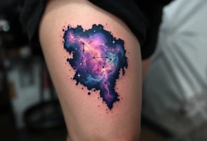 A realistic galaxy-inspired Sagittarius tattoo in swirling purples, blues, and blacks with tiny white stars forming the constellation. tattoo idea