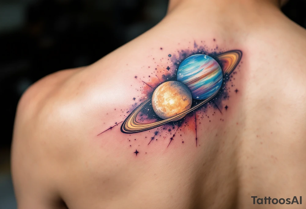 A soft watercolor galaxy with three celestial bodies (sun in gold, moon in silver, and a planet in deep blue) orbiting around each other. tattoo idea