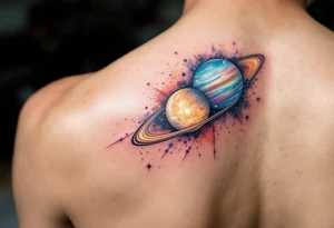 A soft watercolor galaxy with three celestial bodies (sun in gold, moon in silver, and a planet in deep blue) orbiting around each other. tattoo idea