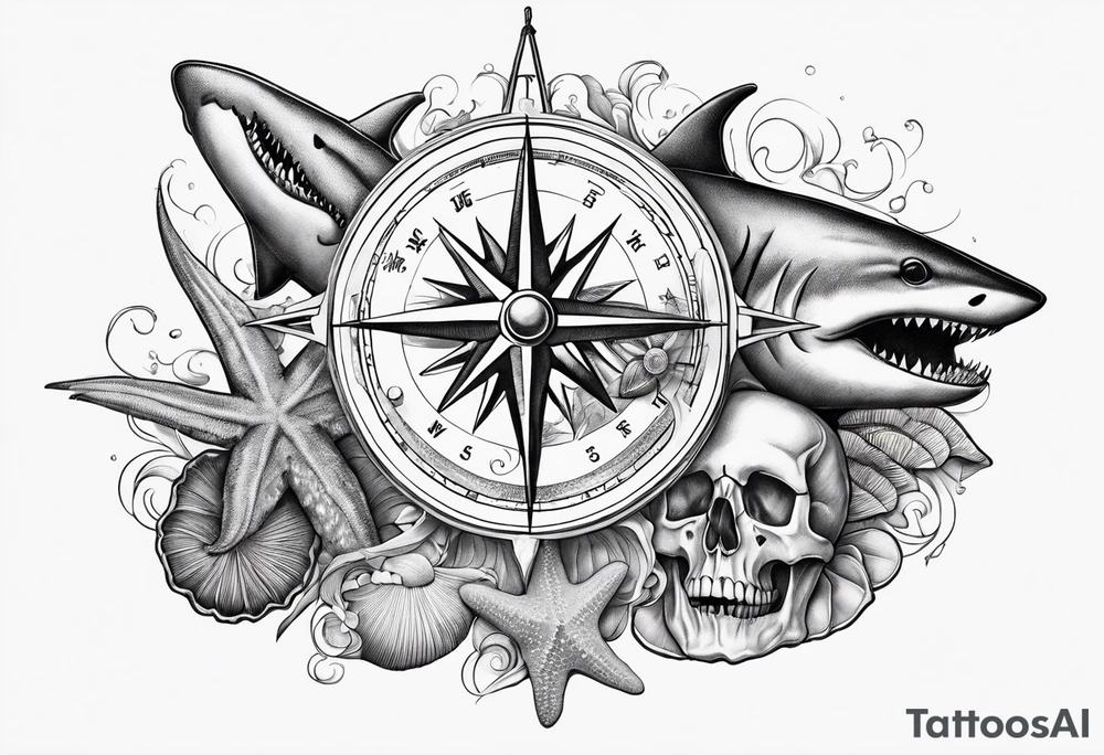 Compass, shells, shark teeth, starfish, oyster with pearl, skull tattoo idea