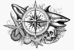 Compass, shells, shark teeth, starfish, oyster with pearl, skull tattoo idea