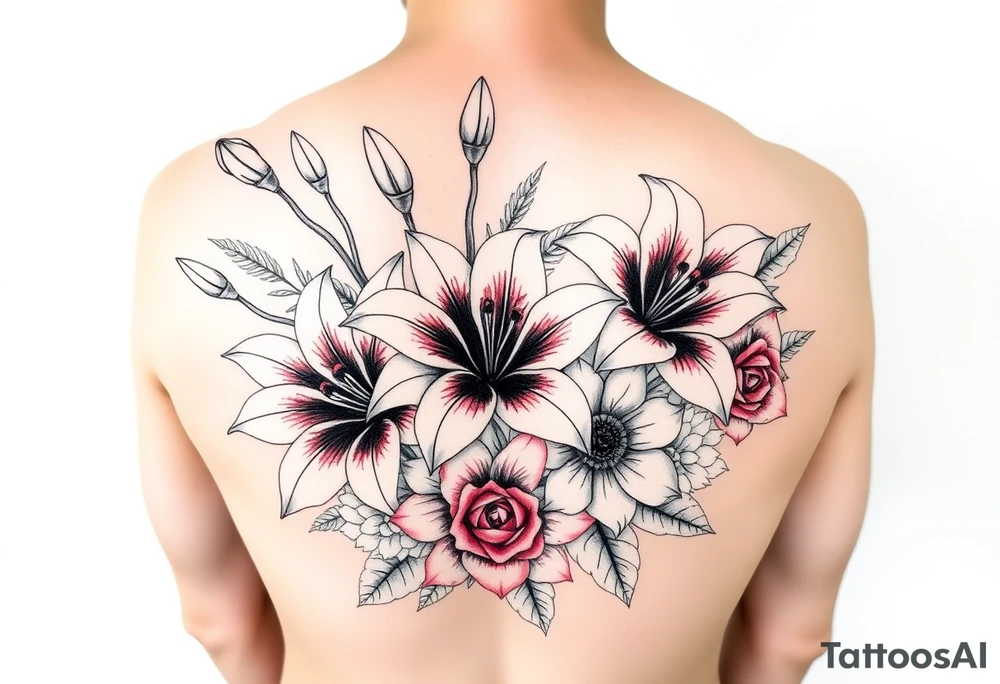 Arm sleeve 6 fully bloomed, stargazer lilies with 2 budded lilys pink red and yellow roses hydrangea and sunflowers filling area around lilys tattoo idea