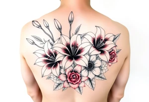 Arm sleeve 6 fully bloomed, stargazer lilies with 2 budded lilys pink red and yellow roses hydrangea and sunflowers filling area around lilys tattoo idea
