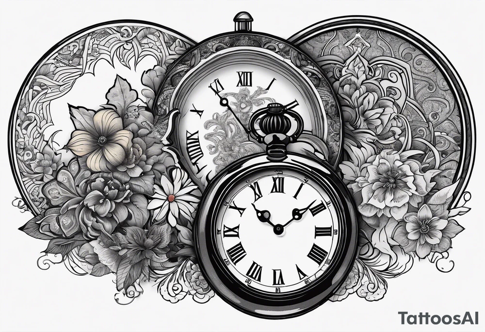 Floral, paisley, witch, 3 pocket watches, celestial tattoo idea