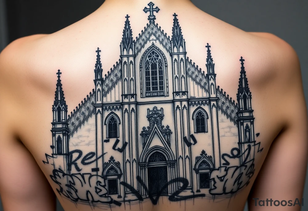 Milan Cathedral damaged and covered in graffiti, large tattoo tattoo idea