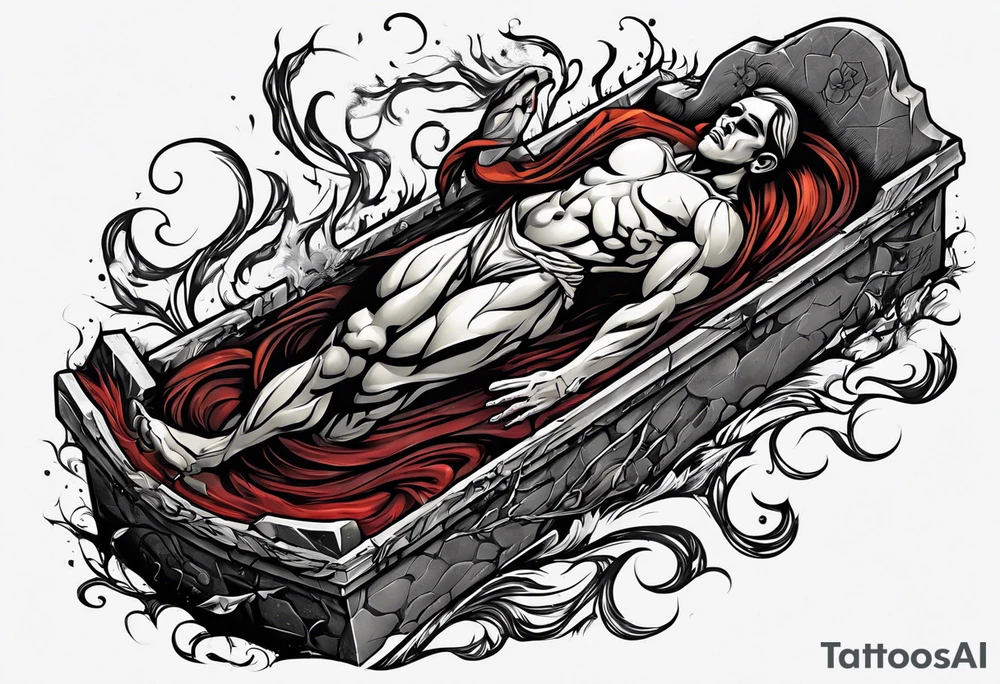 Man emerging from grave. 
MIW Reincarnate written on gravestone tattoo idea