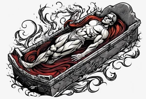 Man emerging from grave. 
MIW Reincarnate written on gravestone tattoo idea