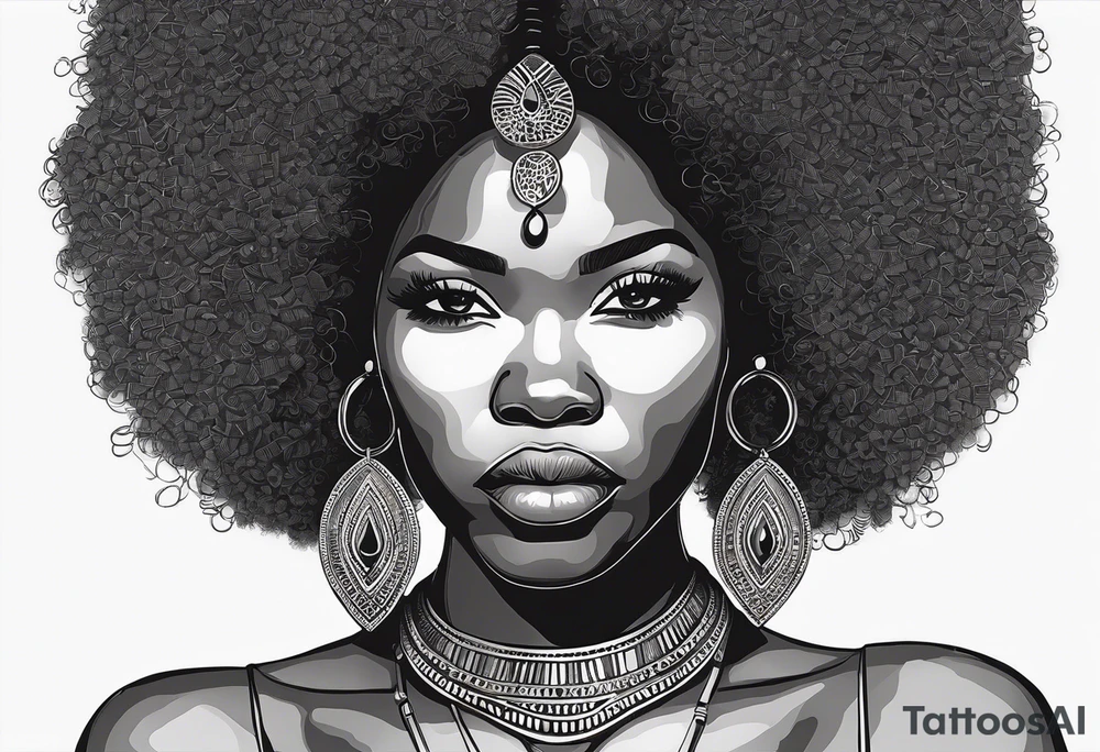 the outline of africa. Then covering the east/sourh east of Africa (because I am from Kenya malawi and eswatini), is a woman silhouette, or the face of a black woman with an Afro (all in outlines but perhaps her afro can be filled in) with a necklace on. The necklace is one of those gold ring stack necklaces that extend the neck tattoo idea