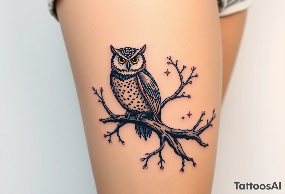 wise owl perched on ancient oak branch under starlit sky tattoo idea