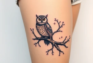 wise owl perched on ancient oak branch under starlit sky tattoo idea