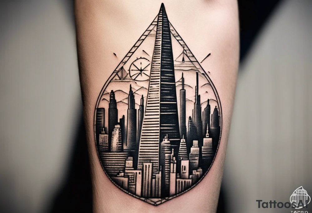 Create a visually dynamic tattoo that seamlessly blends the timeless elegance of the three Pyramids of Giza with the modern allure of the Manhattan skyline. Envision the pyramids standing majestically, perhaps incorporating subtle Egyptian motifs like hieroglyphs or an ankh, transitioning smoothly into the iconic structures of New York, such as the Empire State Building and One World Trade Center. tattoo idea