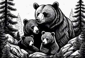 Draw a tattoo. The tattoo shows a mother bear holding two bear cubs in her arms. A small bear cub and a larger bear cub. The bears are surrounded by fir trees and rocks. tattoo idea