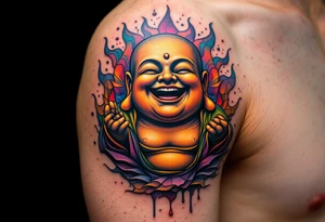 The Laughing Buddha – A joyful symbol of abundance and contentment, typically tattooed in black-and-gray realism or colorful neo-traditional style. tattoo idea