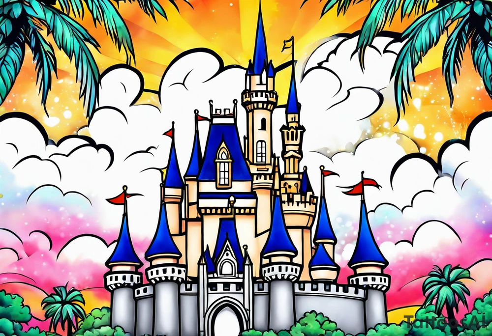 disney castle with a lightning storm palm trees and a mickey mouse and celtic symbol for family tattoo idea