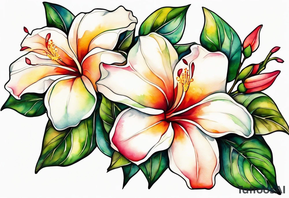 white background, abstract mandevilla flowers on a vine, part of it watercolor, part of it just line work tattoo idea