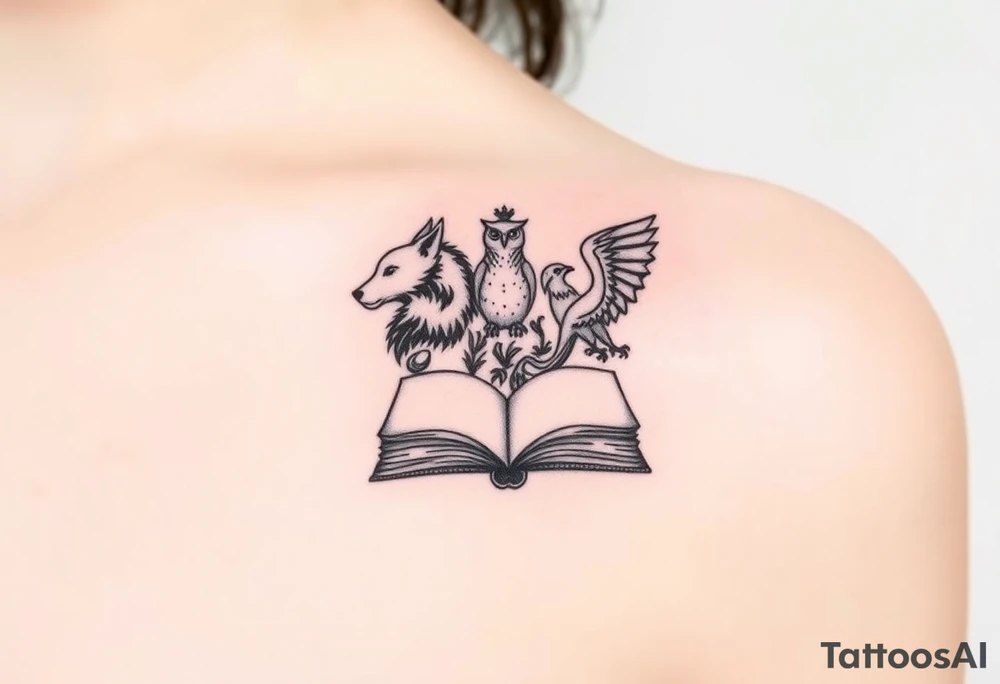 An open book with silhouettes of a werewolf, owl, dragon & phoenix above it tattoo idea