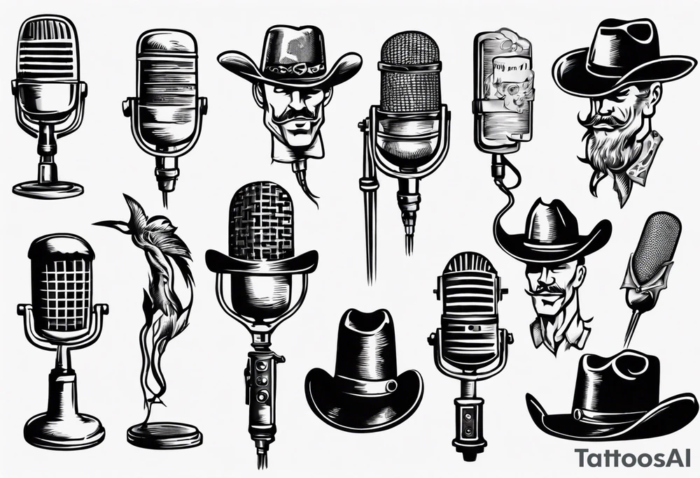 Old school broadcast microphone with cowboy hat on top tattoo idea