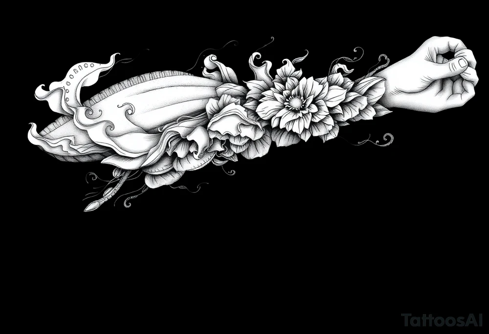 Tattoo sleeve filler using smoke, ash, and fragmented memory effects, organic flow wrapping around arm muscles, soft gradients, negative space, black and grey realism, seamless transitions between main tattoo elements. tattoo idea