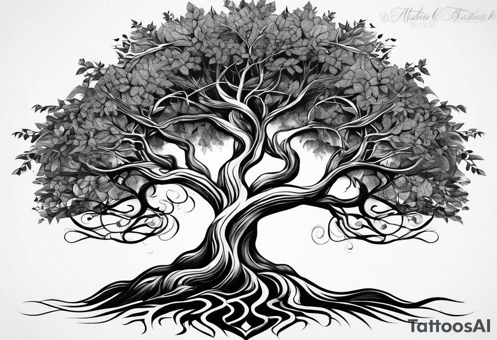 tree of life with long vertical roots
3 line triangles behind tattoo idea